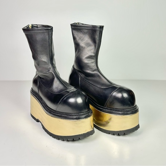 Balmain Black Leather & Gold Mettalic Platform Ankle Boots Women’s NEW - Picture 3 of 12